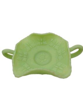 Fenton Dish Green Satin Glass Butterfly Two Handled Trinket